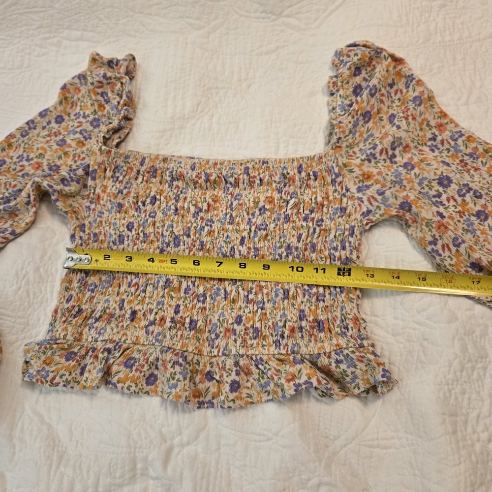Bohme Smocked Crop Top Long Puff Sleeve Floral Pink Lavender Ivory Ruffle Large - Picture 12 of 14